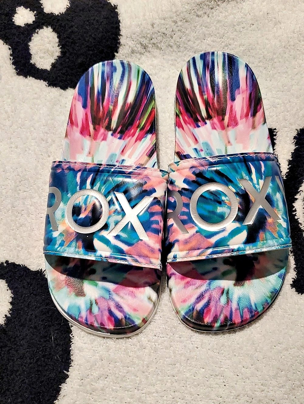 Roxy Slippy Slide Sandals Abstract Print Blue & Pink